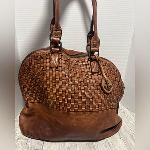 Harbour 2nd Vintage Washed Cognac Woven Leather Women's Large Satchel Bag